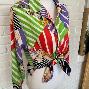 CHAUS Vintage Multicolor Multiprint Button Down Shirt Size Small Shell Beach